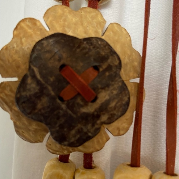 Fun Boho 72” Long Belt,Necklace,Wall Decor- Woden Flowers&Beads-Strung w/Leather - Picture 2 of 16